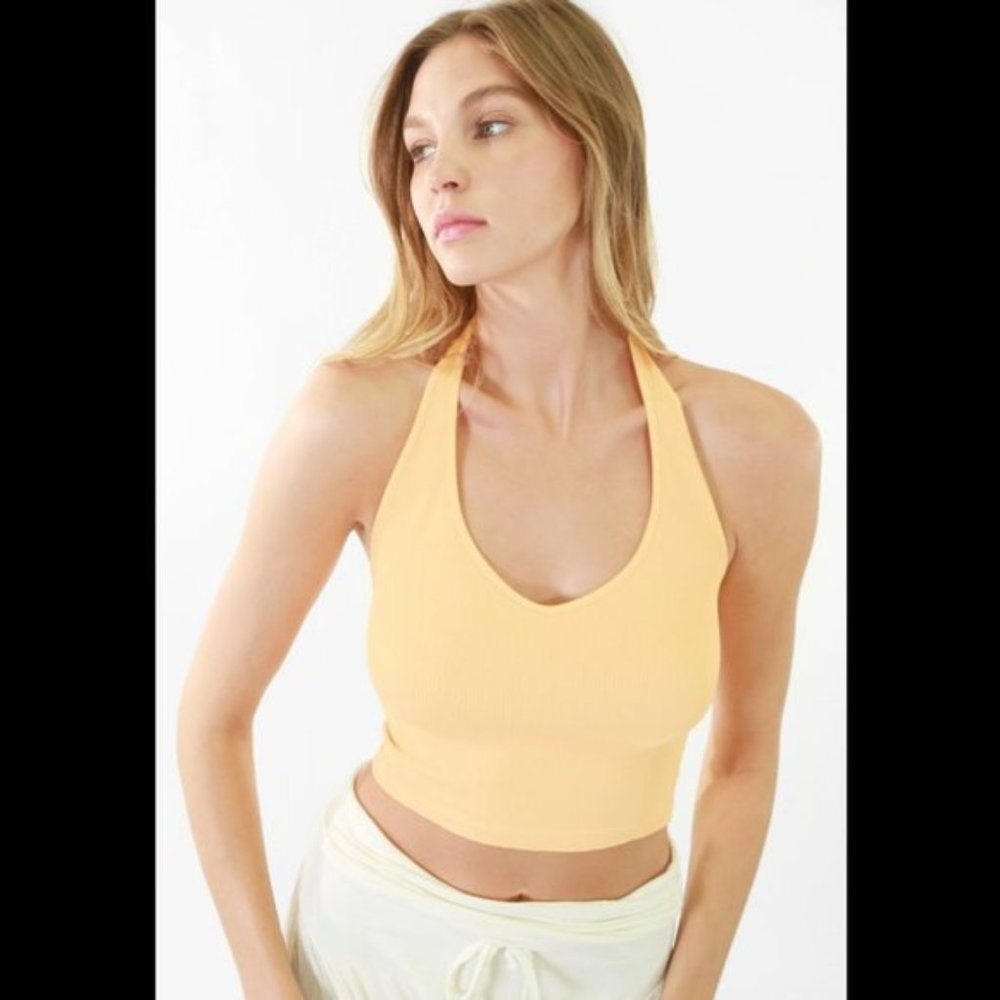 NEW Yellow Ribbed Vee Neck Crop Halter Top